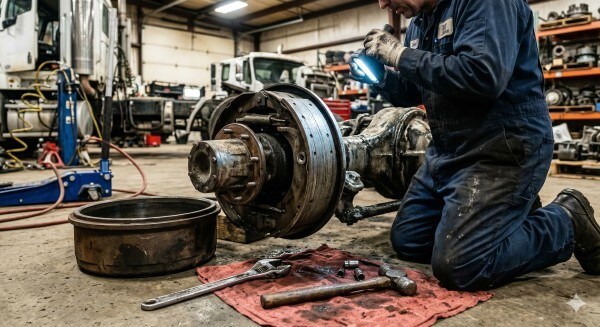 mechanic diagnosing trailer brake problems on a heavy-duty trailer axle  Suggested file name: