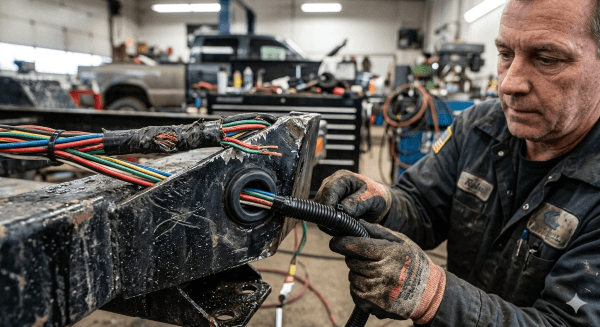 Damaged wiring harness in trailer electrical systems from frame abrasion