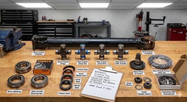 Driveline component repairs decision process comparing worn and new parts on a professional workshop bench
