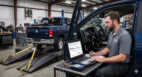 Diagnostic testing for driveline component repairs showing vibration analysis during truck inspection